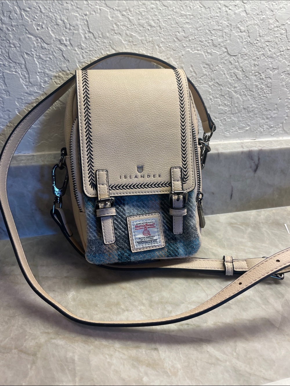 Islander Cream Leather & Blue Wool Messenger Crossbody